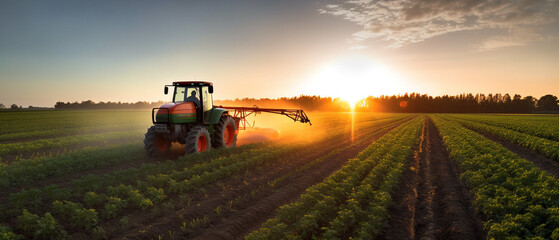 Fototapeta premium Farming tractor spraying plants in a field.
