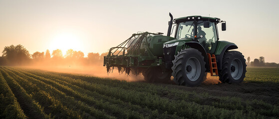 Fototapeta premium Farming tractor spraying plants in a field.