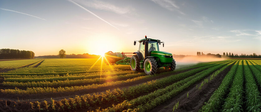 Fototapeta Farming tractor spraying plants in a field.