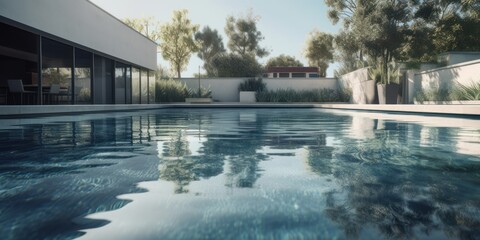 Fototapeta na wymiar panoramic of a pool of hotel or house, generative ai