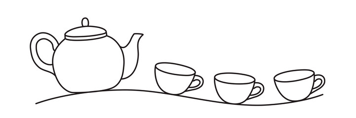 Teapot and three tea cups banner hand drawn with thin line. Png clipart isolated on transparent background