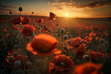 field of red poppies in the sunset, generative ai