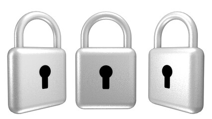 Three silver locks from different angles on a PNG transparent background. Security and protection of things and data. 3D visualization.