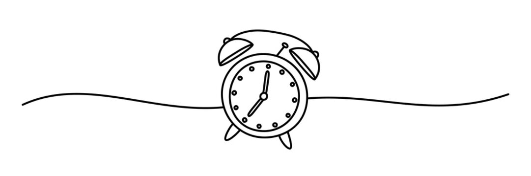 recommend clip art: Alarm clock banner hand drawn with thin line. Vintage retro style watch with bells. Png clipart isolated on transparent background