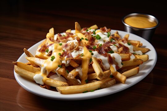 Deluxe Plate Of Fries With Cheese, Bacon, And Ranch Dip, Created With Generative Ai