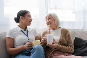 happy multiracial social worker having tea and chatting with senior woman in living room.