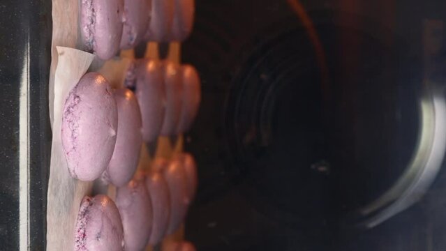 homemade macaron cookies. Time lapse video of purple macarons are baked in the oven. Close-up macaron grow. vertical video