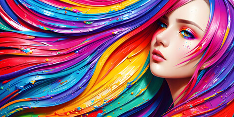 Pretty girl with colorful hair made from paint. Young woman with makeup and rainbow hairstyle. Female face on background of painted fluttering curls. Professional haircut and coloring. Generative AI