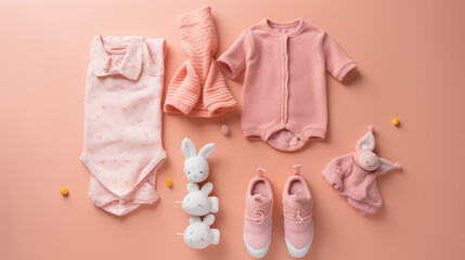 A pink baby clothes laid out on a pink background including a baby doll and a baby doll Generative AI