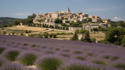Fototapeta na wymiar A field of lavender with a hilltop village. Generative AI