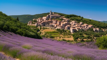 A field of lavender with a hilltop village. Generative AI