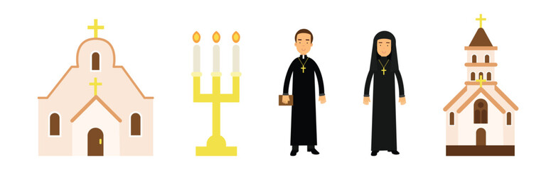 Christian Religion Attributes with Candle, Church and Man and Woman Priest Vector Set