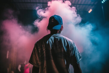 Artist rapper at a music concert on stage singing seen from the back with pink and blue smoke. Hip hop rap artist live performance. Ai generated - 594395310