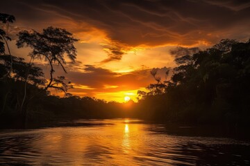 Fototapeta na wymiar beautiful sunset over the amazonian rainforest, created with generative ai