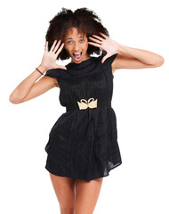 Surprised face portrait, black woman and afro with hands up in fashion party dress, trendy clothes...