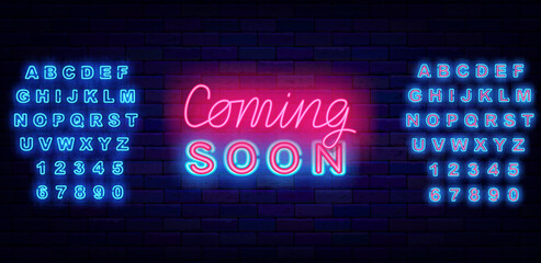 Coming soon neon label with lettering. Party and sale preparation sign. Pop art kids design. Vector stock illustration