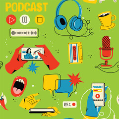 Podcast seamless pattern. Background for blogging, vlogging and live streaming. Hand-drawn print with podcast elements, headphones, speech bubbles, microphone.