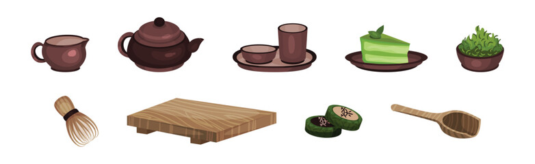 Tea Ceremony with Green Compressed Tea, Wooden Scoop and Cups Vector Set