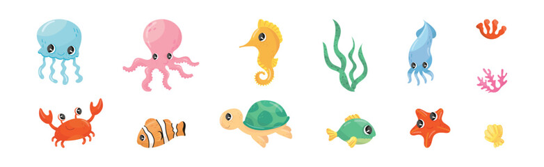 Cute Sea Animals with Octopus, Fish, Seahorse, Squid, Turtle and Crab Vector Set