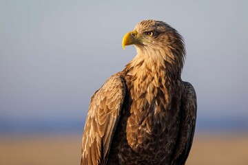 Majestic bald eagle stands illuminated in warm, golden light from the sun