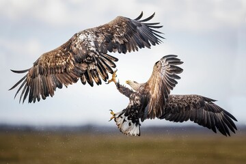 Pair of white-tailed eagles locked in a midair battle with their wings spread wide as they soar