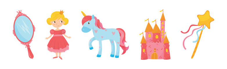 Princess Tale with Unicorn, Castle, Mirror and Magic Wand Vector Set