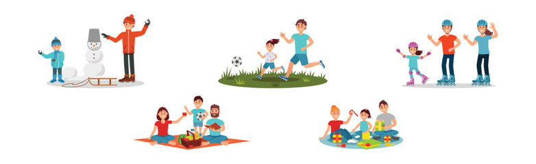 Family Spending Time Together with Happy Parents and Children Vector Set