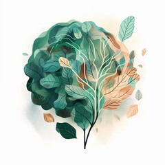 A abstract illustration of a human brain with leaves coming out of it, self care, positive mind, healthy mind, natural. Generative AI
