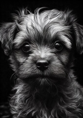 Illustration of a baby Dog in a fictional scenery for frame. Pet animal concept art. Generative AI