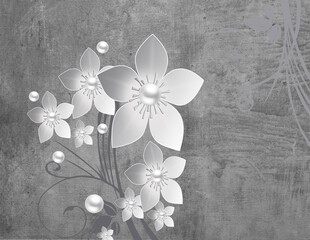 3D illustration , texture background with black and white flowers on branch 