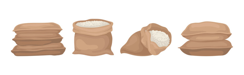 Burlap Sacks with Rice or Bulk Stock Vector Set