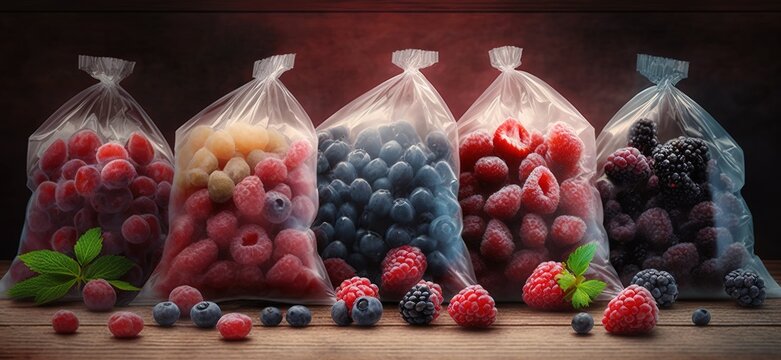 Frozen berries: black currant, red currant, blackberry, blueberry, raspberry, strawberry, cherry, plum in a plastic bag on a wooden table. Generative AI
