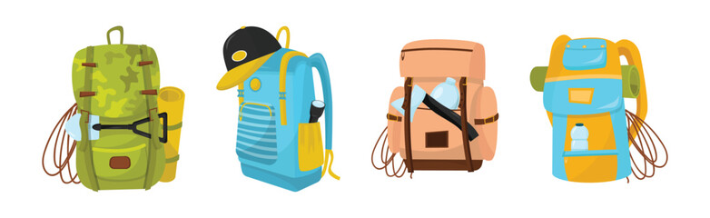 Camping or Hiking Backpack with Equipment and Gear Vector Set
