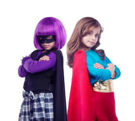 A Superhero, costume and girls in portrait cosplay, halloween or friends birthday party. Power, anime and children in outfit for avatar, character or villain isolated on a transparent png background