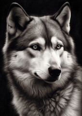 Obraz premium Illustration of a Siberian Husky in a fictional scenery for frame. Pet animal concept art. Generative AI