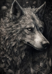 Illustration of a Wolf in a fictional scenery for frame. Wild animal concept art. Generative AI