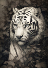Illustration of a White Tiger in a fictional scenery for frame. Wild animal concept art. Generative AI