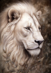 Illustration of a Lion in a fictional scenery for frame. Wild animal concept art. Generative AI