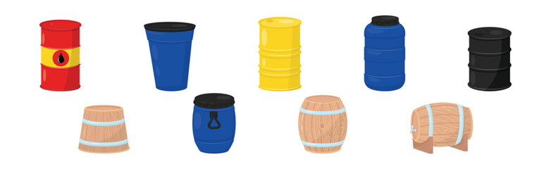 Metal and Wooden Barrel with Fluid Closed Vector Set