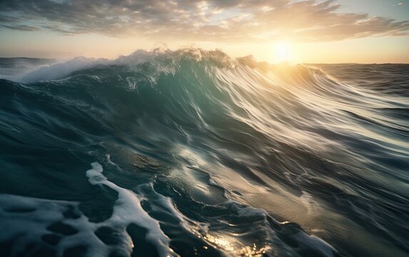 Waves in the ocean and the sun, splashes, photo, AI