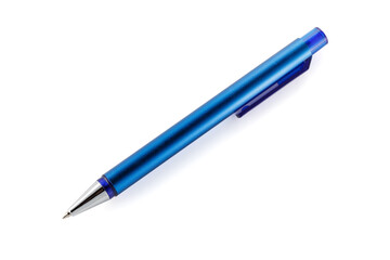 Side view of a blue ballpoint pen, isolated on a white background. Close-up.