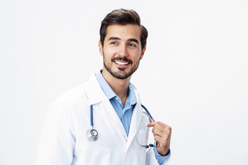 Man doctor in a white coat with a stethoscope smile with teeth and good test results looking into the camera on a white isolated background, copy space, space for text, health
