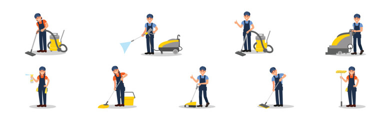 Man and Woman Cleaner in Blue Overall Vacuuming and Mopping Floor Vector Illustration Set