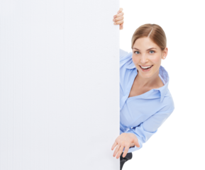 Business woman with poster in presentation and mockup with smile in portrait isolated on transparent, png background. Advertising banner, product placement and happy person with marketing billboard