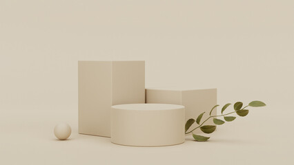 Premium podium made of paper on pastel background with plant branches,leaves,pebbles and natural stones.Mock up for the exhibitions,presentation of products, therapy, relaxation and health. 3d render.