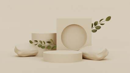 Premium podium made of paper on pastel background with plant branches,leaves,pebbles and natural stones.Mock up for the exhibitions,presentation of products, therapy, relaxation and health. 3d render.