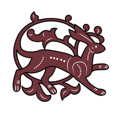 Ethnic rabbit with rounded floral tail. Symbol, sign, icon, silhouette, tattoo. Isolated vector illustration.