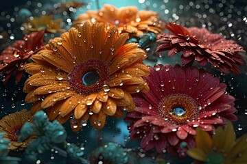 Naklejka na ściany i meble AI. A bright and colorful mix of exotic gerberas with water droplets