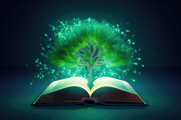 Open Book with green tree and rays of light. Generative AI