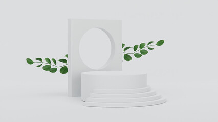 white podium Natural beauty pedestal on background with plant branches,leaves,pebbles and natural stones.Mock up for the exhibitions,presentation of products, therapy, relaxation and health. 3d